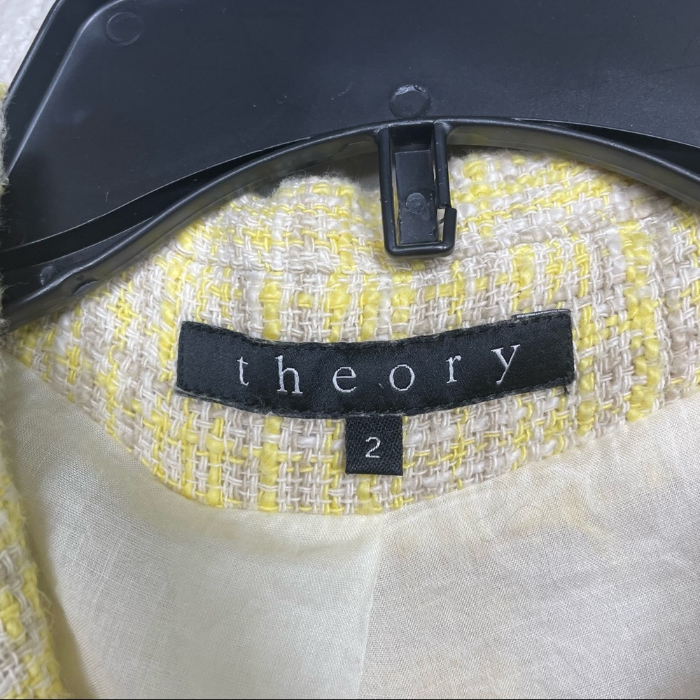 Theory Size 2 Tweed Blazer Jacket Yellow Plaid Cotton Single Breasted Pockets - Picture 3 of 8